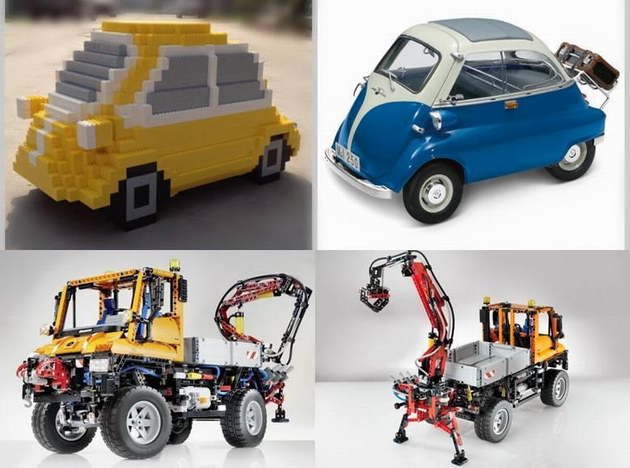 上圖為樂高按1:3比例拼搭的寶馬經典微車 Isetta，下圖為樂高拼砌的奔馳 Unimog U 400工程車