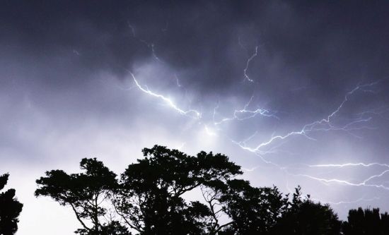 夜探藍光蟲歸來正趕上電閃雷 鳴，空曠山谷放大了大自然的威懾力， 我在暴雨將至時趕回建在山腰的木頭小 屋
